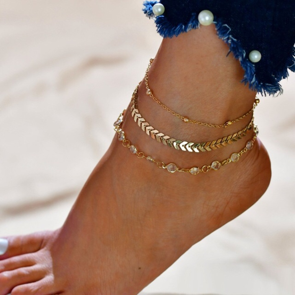 Bohemian 3 Piece Chevron Crystal Anklet Set - Picture 2 of 16